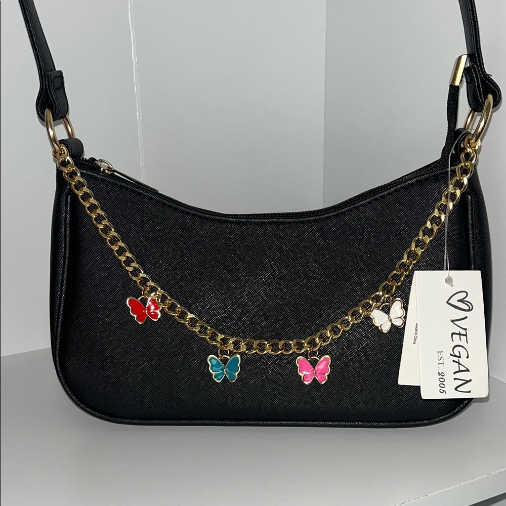 Elegant Black Vegan Shoulder Hand Bag with Butterfly Charms